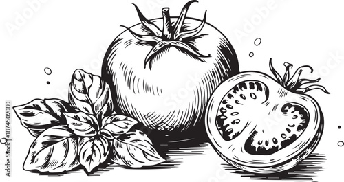 Tomato with basil leaves vector drawing. Whole and sliced tomatoes with basil branch sketch. Hand drawn illustration.