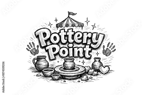 Handcrafted pottery workshop: sketch style art with rustic elements and decorative touches