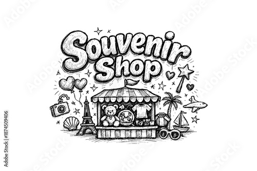 Hand drawn souvenir shop with travel icons and gifts in sketch style