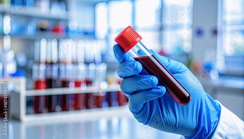 Gloved hand holding a blood sample test tube with barcode label inside a medical laboratory, representing clinical testing and diagnostics.