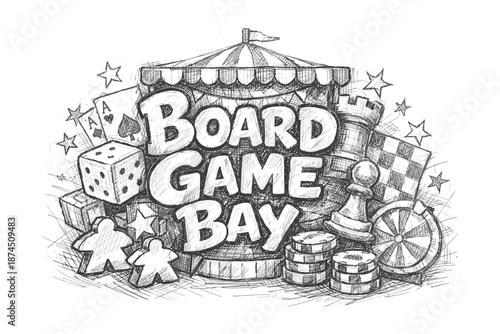 Hand-drawn carnival theme with board game elements and text