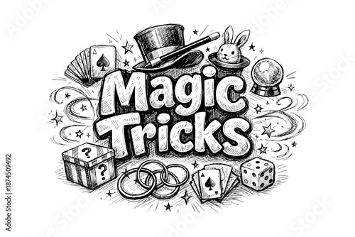 Whimsical magic tricks sketch with hat, cards, and rabbit in black and white