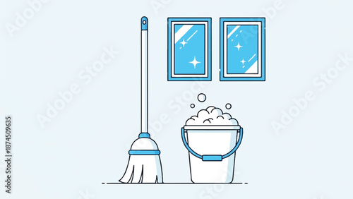 Cleaning illustration of a mop and bucket with soap suds in a room with windows