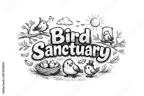 Charming hand-drawn bird sanctuary with whimsical characters and nature elements