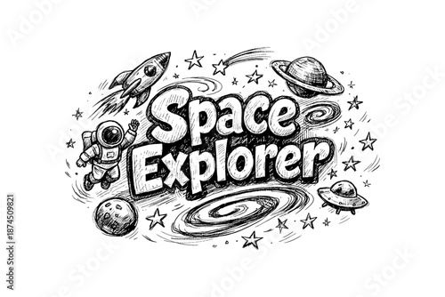 Hand-drawn space adventure featuring astronauts, planets, and rockets