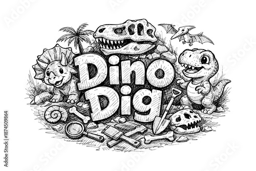 Dino dig adventure: cartoon dinosaurs and fossils sketch art