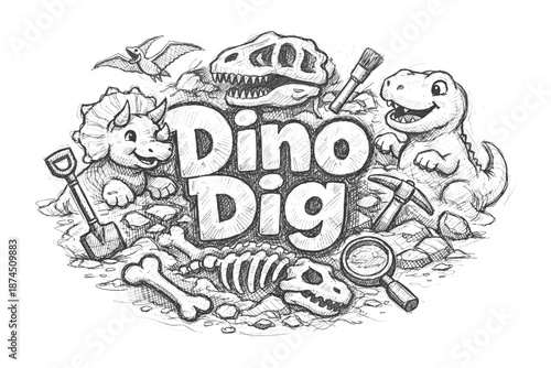 Dino dig adventure: fossil excavation with dinosaurs and archaeology tools sketch