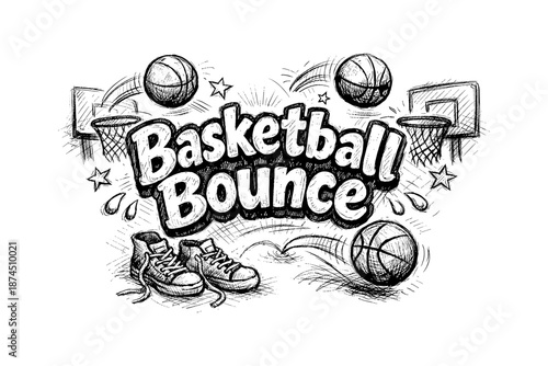 Dynamic basketball bounce sketch with hoops and sneakers