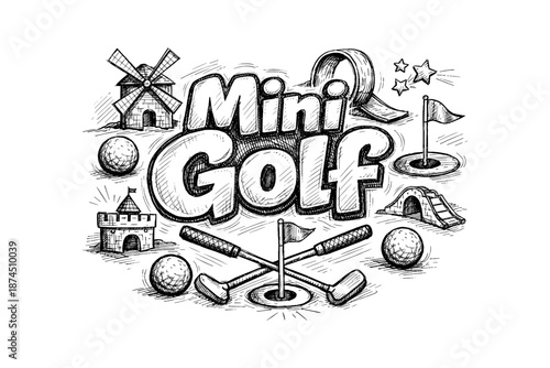 Hand-drawn mini golf design featuring windmill and castle elements