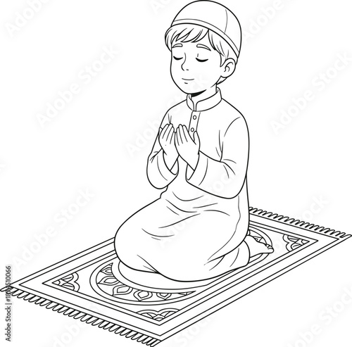 Muslim child, prayer mat, Islamic supplication, traditional clothing, black and white, line art, devotion, culture, religion, peaceful moment