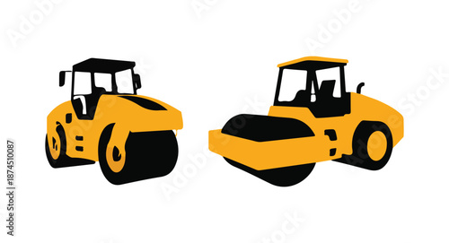 Road Roller Compactor Silhouette Vector. Heavy Construction Machinery for Asphalt and Roadwork Illustration.