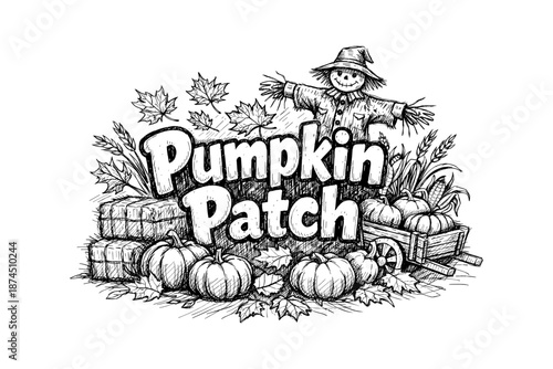 Hand-drawn pumpkin patch scene with scarecrow and autumn leaves
