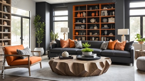 Modern Living Room with Open Shelving and Decor, Cozy Luxury Living Room with Neutral and Warm Accents.
