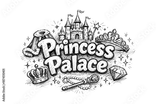 Whimsical princess palace sketch art with castle, crowns, and jewels