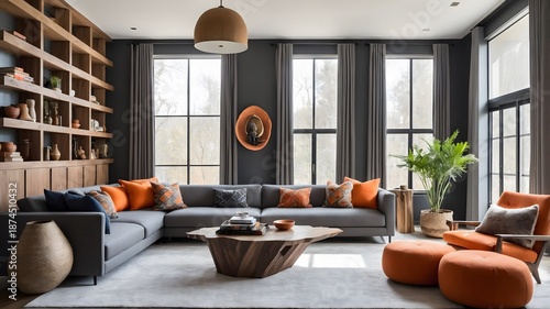 Sophisticated Living Room with Dark Gray Walls. Contemporary Living Space with Wooden Coffee Table.
