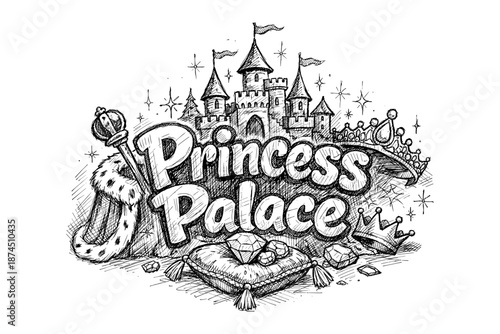 Princess palace sketch with royal castle, crown, and jewels