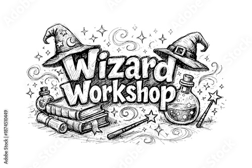 Magic workshop: enchanting sketch of wizard hats, potions, and spell books