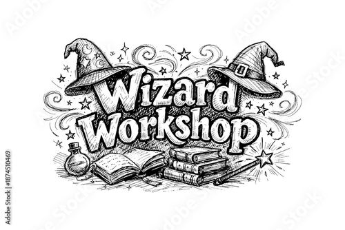 Whimsical wizardry workshop: magical hat, books, and potion in retro sketch style