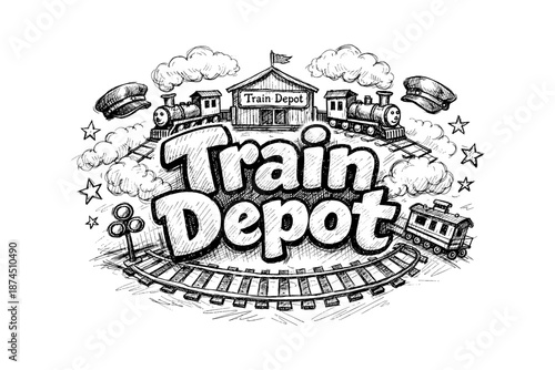 Vintage train depot sketch with locomotives and railroad details