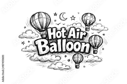 Sketch style hot air balloons with clouds and stars