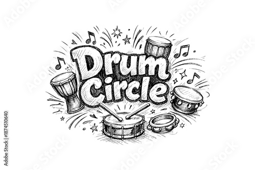 Hand drawn drum circle with musical instruments and notes