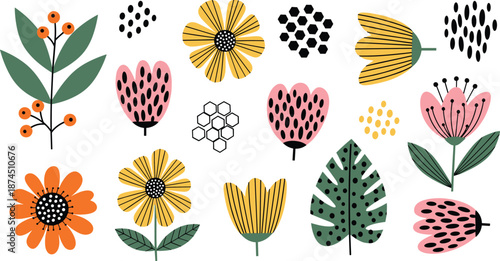 Modern abstract floral vector set, colorful Scandinavian style flowers and leaves, minimalist botanical illustrations for branding, packaging, wall art, and creative design projects