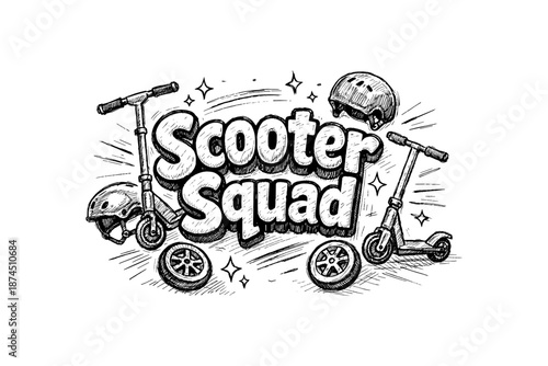 Scooter squad: hand-drawn style with helmets and two-wheeled adventure