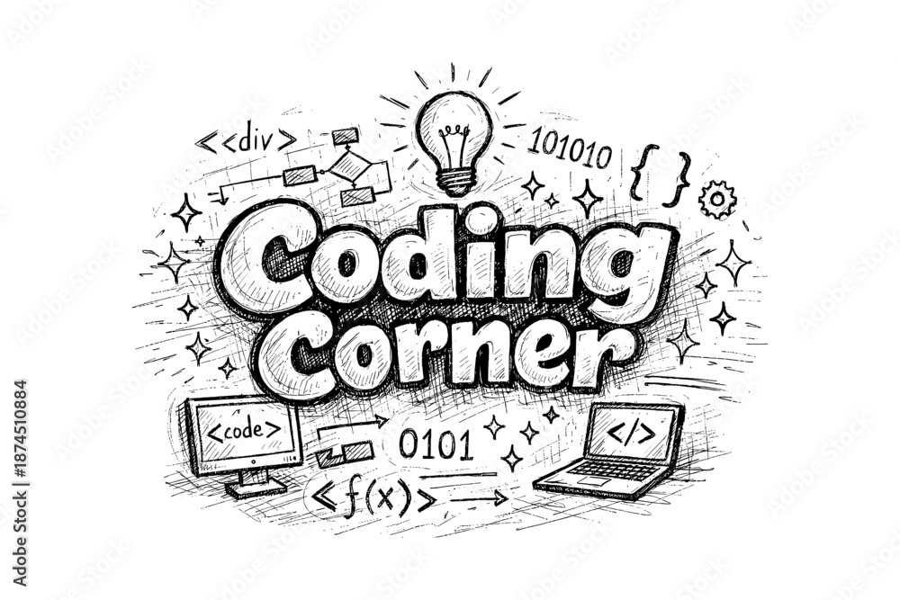 Fototapeta premium Creative coding sketch: engaging hand-drawn programming concept with tech elements