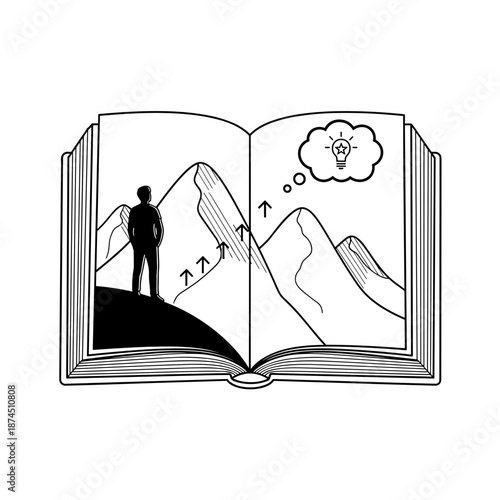 black and white line art of open book with man looking at mountains for self-help blogs, education websites, personal growth presentations, and motivational posters, on white background