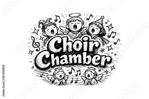 Hand-drawn children's choir singing joyfully with musical notes and angels