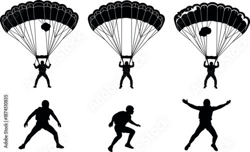 Black Silhouette Set of Skydivers and Paragliders Jumping and Flying with Open Parachutes in the Sky for Extreme Sports Design