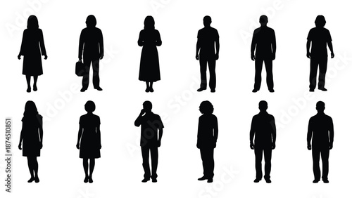 Silhouettes of various individuals isolated on white background, Vector