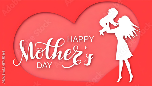Heart-shaped frame silhouette featuring a mother lifting her baby, designed for a Happy Mother's Day greeting card. Happy Valentine's Day