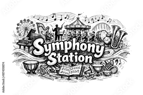 Musical carnival sketch with orchestra and ferris wheel in intricate monochrome design