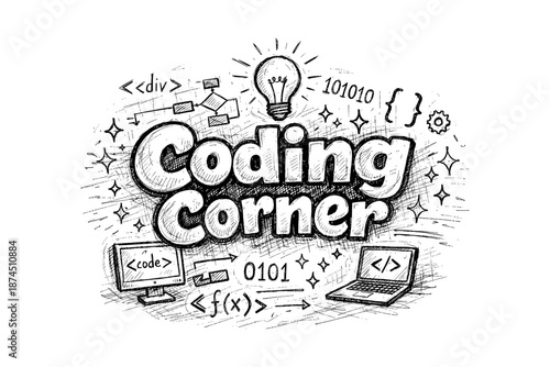 Creative coding sketch: engaging hand-drawn programming concept with tech elements