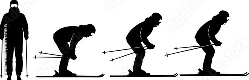 Black silhouettes of a skier in various downhill racing poses and athletic stances isolated on a white background vector illustration