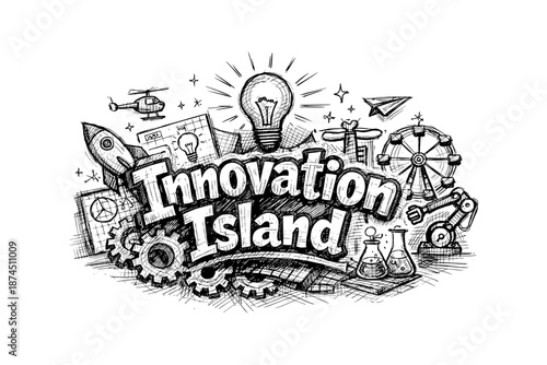 Creative innovation island: doodle art with light bulb, rocket, and robotics