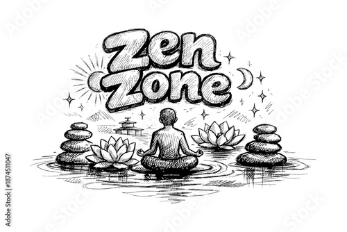 Mindful meditation sketch with lotus flowers and zen theme