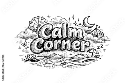 Dreamy night sketch with calm typography and amusement park elements