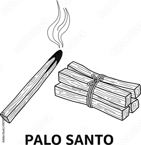 Palo santo incense stick vector illustration, hand drawn sacred wood bundle with smoke, minimal black line art for spiritual design, wellness branding, packaging, and prints