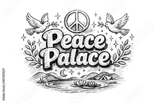 Hand-drawn peaceful nature scene with doves, peace symbol, and mountains