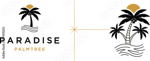 Paradise palm tree logo vector illustration, tropical island sunset emblem, minimalist beach nature icon, luxury resort branding design for modern travel business marketing