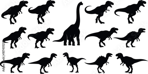 Collection of Predatory Theropod Dinosaur Silhouettes and a Large Long Neck Brachiosaurus Sauropod Isolated on a White Background for Design