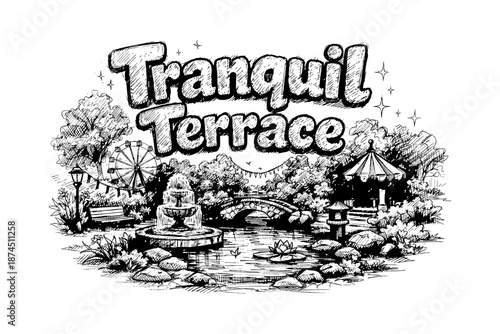 Rustic park scene with fountain, ferris wheel, and gazebo in linear style