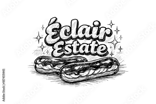 Retro sketch of eclair pastries with vintage typography and sparkles