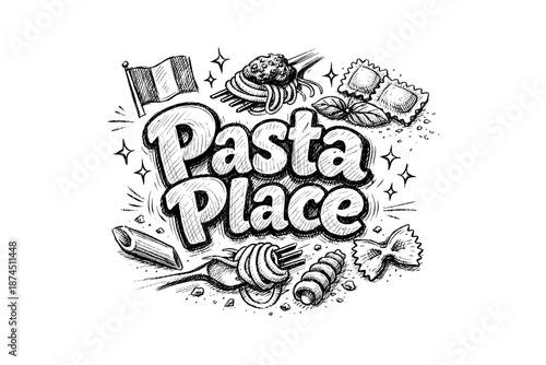 Hand drawn pasta typography with italian elements in sketch style