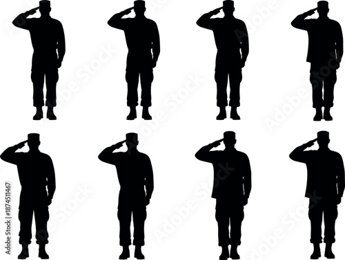 Military Soldier Silhouette Set Vector Illustration of Army Personnel Saluting in Uniform for Veterans Day Memorial Day and Patriotic Concepts