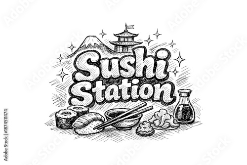 Hand-drawn sushi station design featuring japanese cuisine elements with mountain and temple