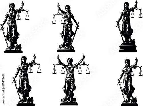 Lady Justice Statue Silhouette Set with Scales and Sword for Legal Law Firm Judicial System Justice and Equity Concept Vector