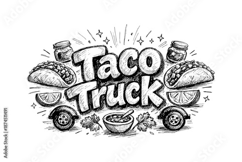Hand drawn taco truck design with rustic elements and mexican food details